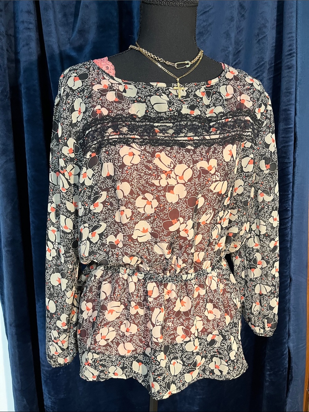 Lily Rose Black Long-Sleeve Floral Peplum Dress with Cream & Coral Accents